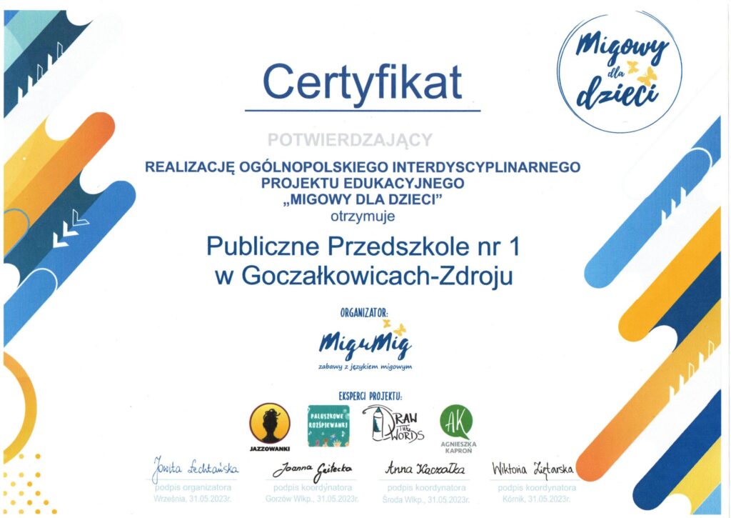 Certyfikat projektu MIGU MIG